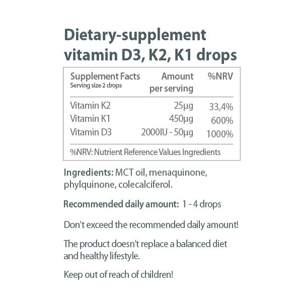Vitamin D3 + K2 + K1 drops 10ml (160 servings)